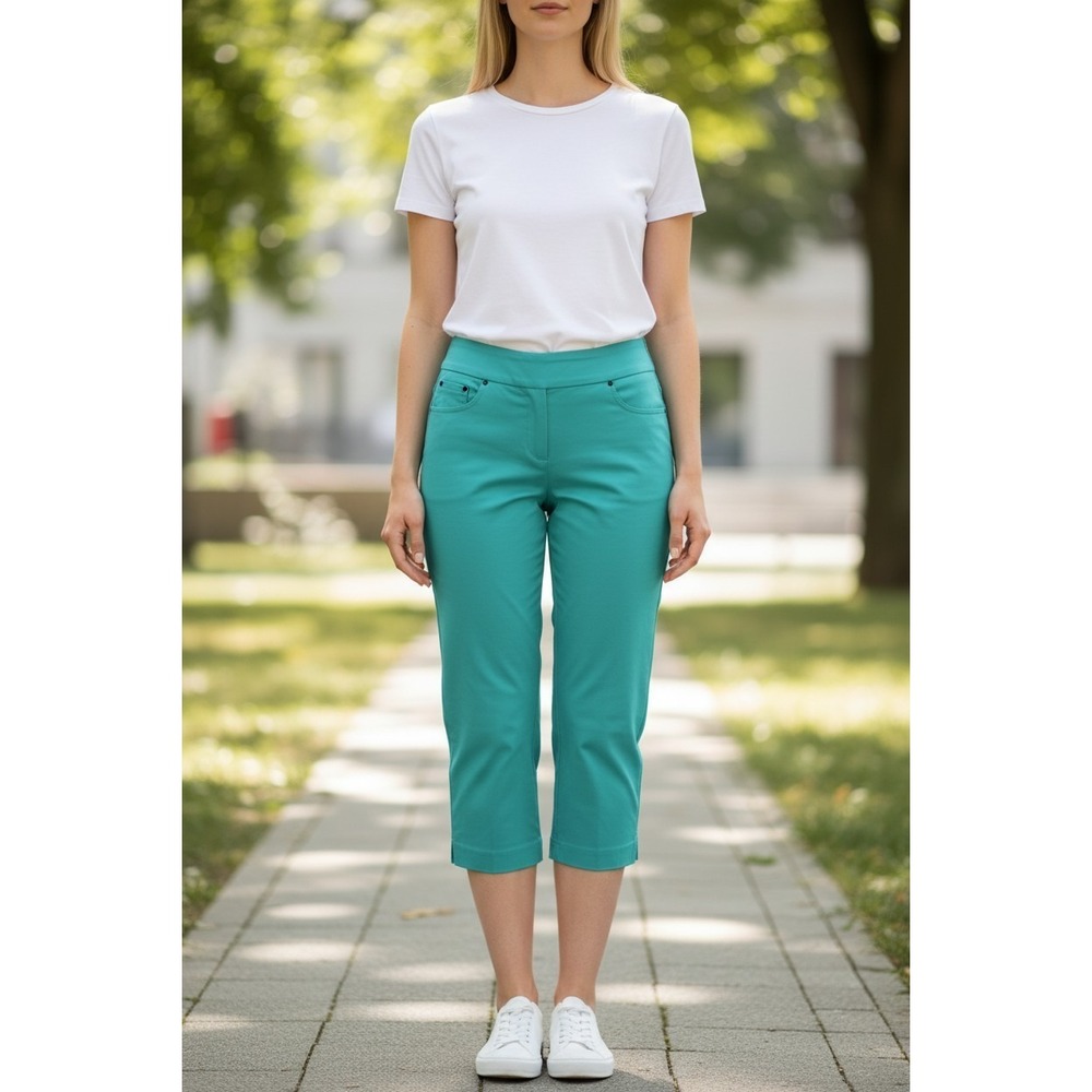 Ruby Rd Petite 12P Teal Stretch Capri Pants Womens Pull On Crop Casual Summer